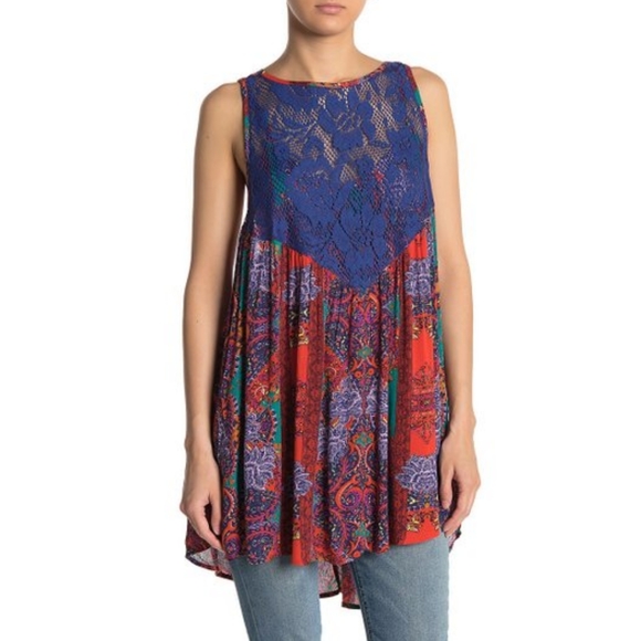 Final Sale! Free People Count Me In Trapeze Top Mini Dress Blue Red Combo - Picture 10 of 10